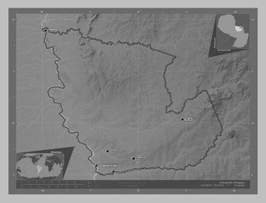 Concepcion, department of Paraguay. Grayscale elevation map with lakes and rivers. Locations and names of major cities of the region. Corner auxiliary location maps