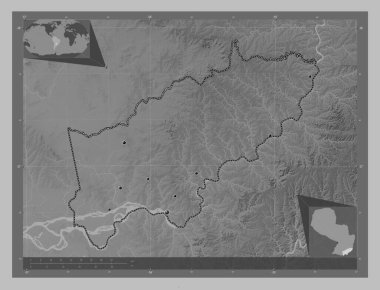 Itapua, department of Paraguay. Grayscale elevation map with lakes and rivers. Locations of major cities of the region. Corner auxiliary location maps