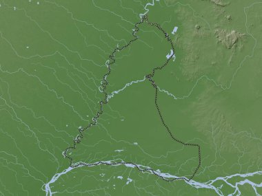 Neembucu, department of Paraguay. Elevation map colored in wiki style with lakes and rivers