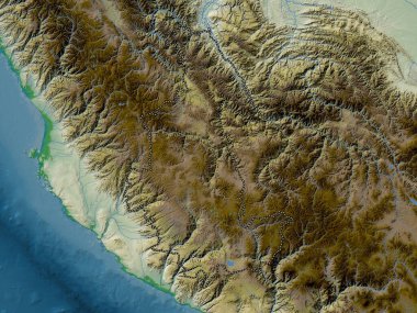 Ayacucho, region of Peru. Colored elevation map with lakes and rivers