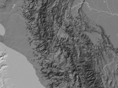 Cajamarca, region of Peru. Bilevel elevation map with lakes and rivers