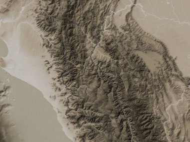 Cajamarca, region of Peru. Elevation map colored in sepia tones with lakes and rivers