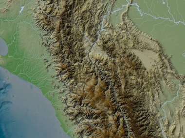 Cajamarca, region of Peru. Elevation map colored in wiki style with lakes and rivers