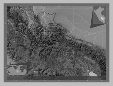 Cusco, region of Peru. Grayscale elevation map with lakes and rivers. Corner auxiliary location maps