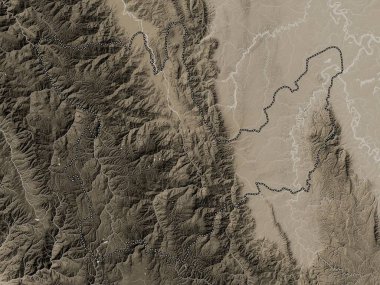 Huanuco, region of Peru. Elevation map colored in sepia tones with lakes and rivers