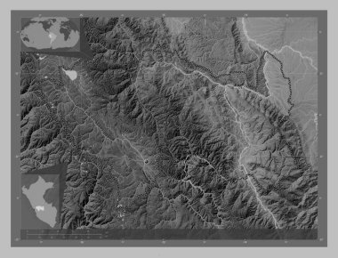 Junin, region of Peru. Grayscale elevation map with lakes and rivers. Corner auxiliary location maps