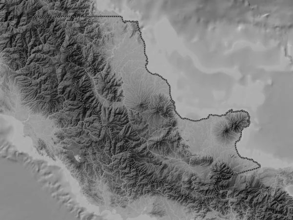 Oro, province of Papua New Guinea. Grayscale elevation map with lakes and rivers