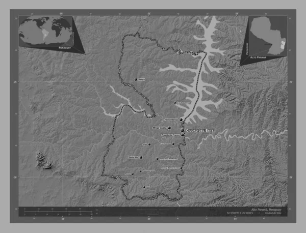 Alto Parana Department Paraguay Bilevel Elevation Map Lakes Rivers Locations — Stock Photo, Image