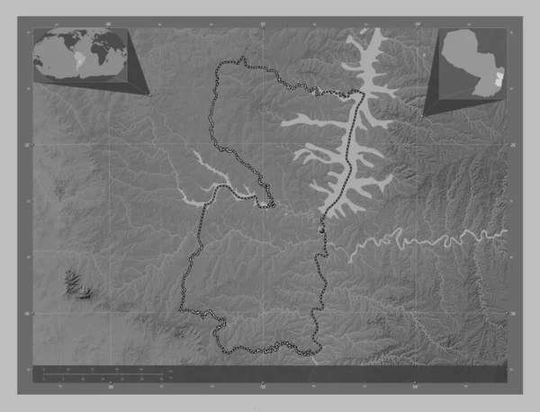Alto Parana Department Paraguay Grayscale Elevation Map Lakes Rivers Corner — Stock Photo, Image