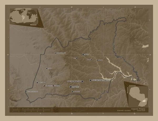 Caaguazu, department of Paraguay. Elevation map colored in sepia tones with lakes and rivers. Locations and names of major cities of the region. Corner auxiliary location maps