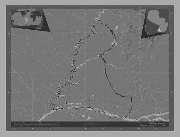 Neembucu Department Paraguay Bilevel Elevation Map Lakes Rivers Locations Names — ストック写真