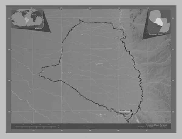 Presidente Hayes Department Paraguay Grayscale Elevation Map Lakes Rivers Locations — Stock fotografie