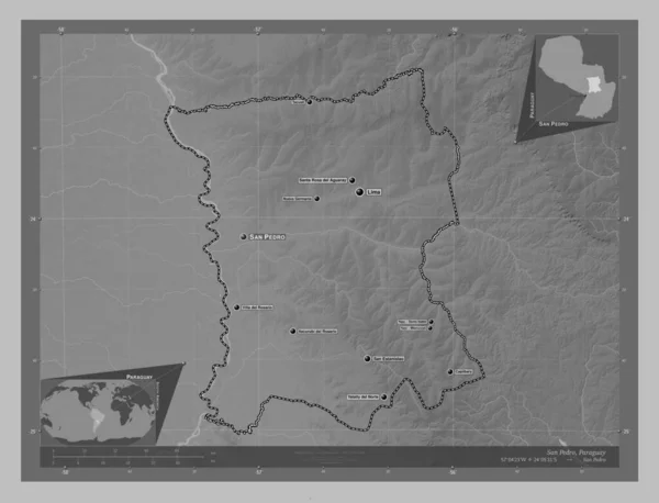 San Pedro Department Paraguay Grayscale Elevation Map Lakes Rivers Locations — Φωτογραφία Αρχείου