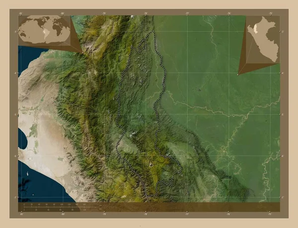 Амазонас Перу Супутникова Карта Низькою Роздільною Здатністю Кутові Допоміжні Карти — стокове фото