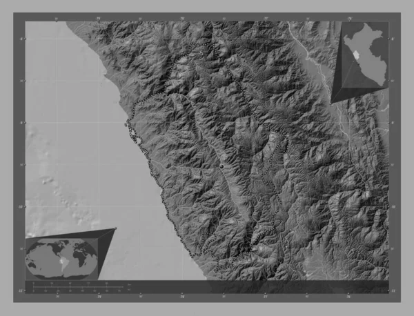 Ancash Region Peru Bilevel Elevation Map Lakes Rivers Corner Auxiliary — Stock Photo, Image