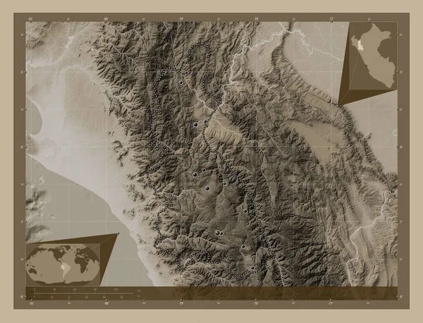 Cajamarca Region Peru Elevation Map Colored Sepia Tones Lakes Rivers — Stockfoto