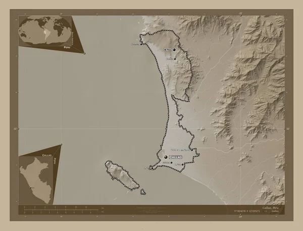 Callao Province Peru Elevation Map Colored Sepia Tones Lakes Rivers — Stock Photo, Image