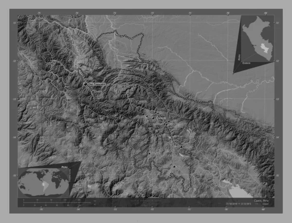 Cusco Region Peru Bilevel Elevation Map Lakes Rivers Locations Names — Φωτογραφία Αρχείου