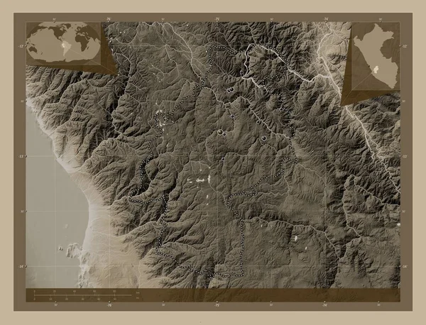 Huancavelica Region Peru Elevation Map Colored Sepia Tones Lakes Rivers — Stock Photo, Image