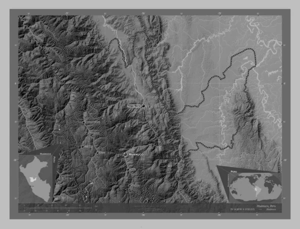 Huanuco Region Peru Grayscale Elevation Map Lakes Rivers Locations Names — Stok fotoğraf