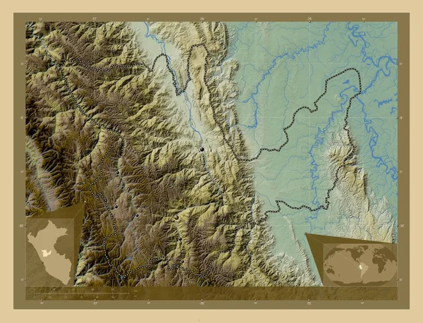 Huanuco Wilayah Peru Peta Elevasi Berwarna Dengan Danau Dan Sungai — Stok Foto