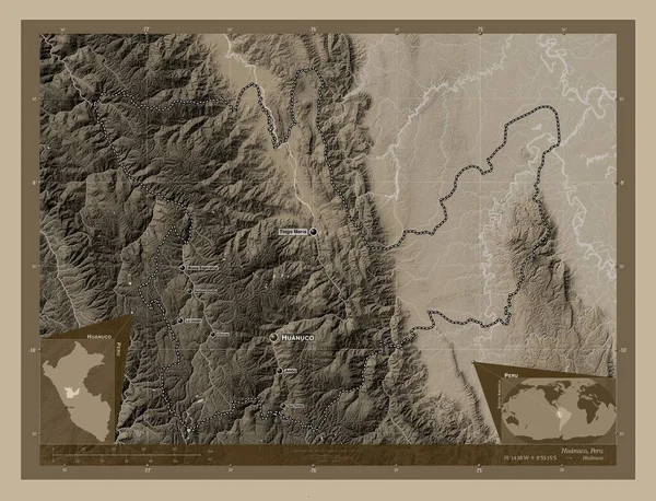 Huanuco Region Peru Elevation Map Colored Sepia Tones Lakes Rivers — Stockfoto