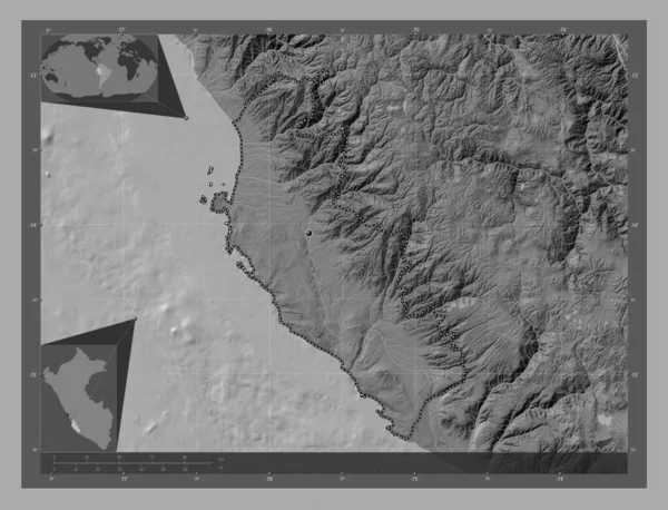 Ica Region Peru Bilevel Elevation Map Lakes Rivers Corner Auxiliary — Stockfoto
