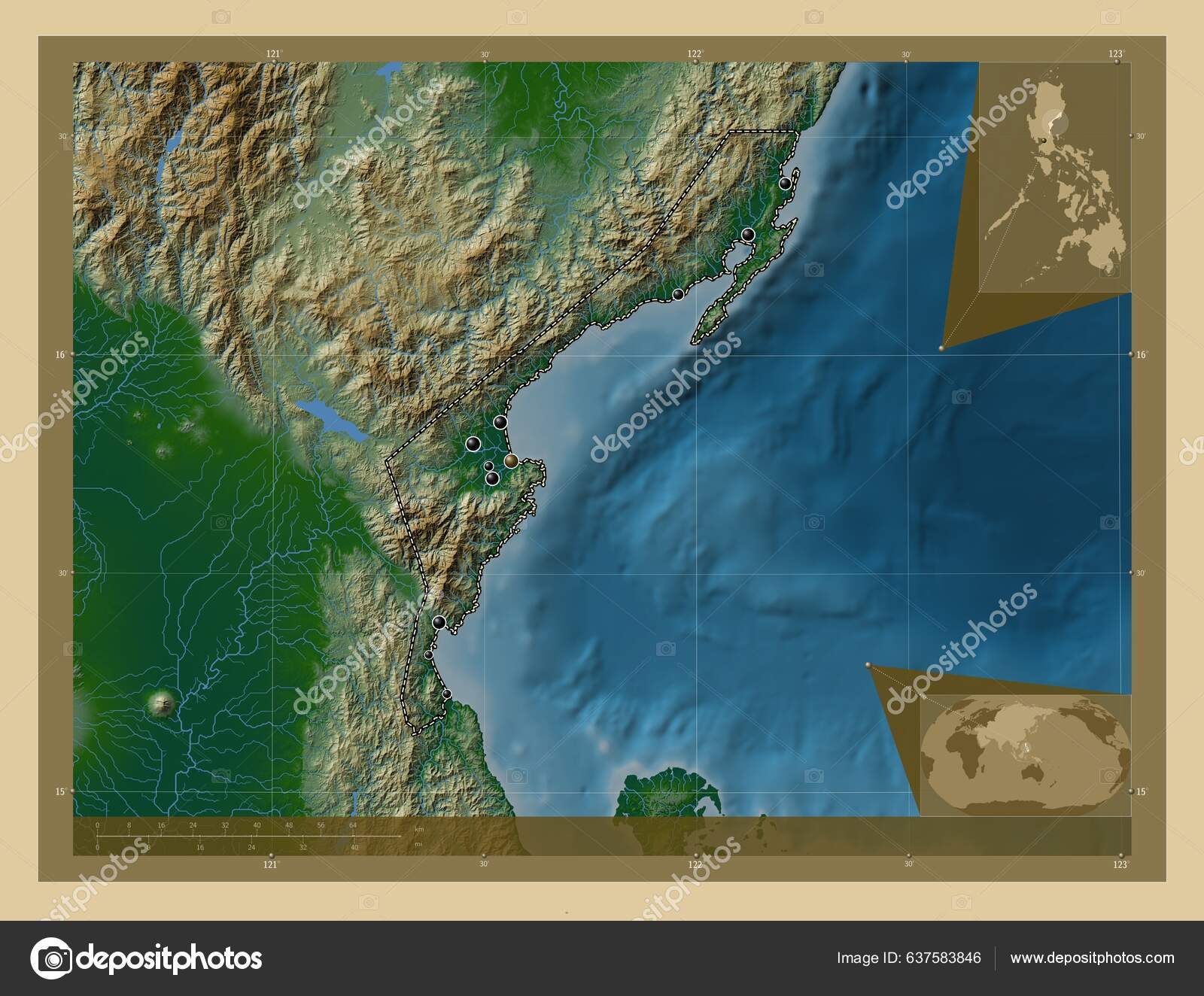 Aurora Province Philippines Colored Elevation Map Lakes Rivers