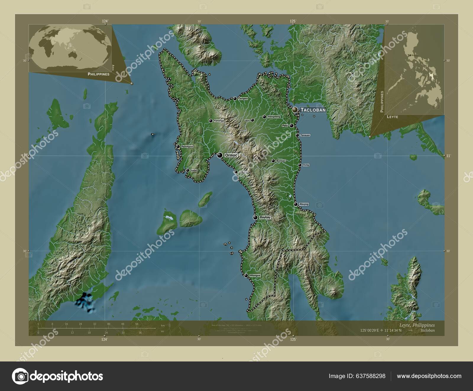 Leyte Province Philippines Elevation Map Colored Wiki Style Lakes ...