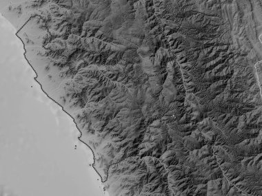 La Libertad, region of Peru. Grayscale elevation map with lakes and rivers
