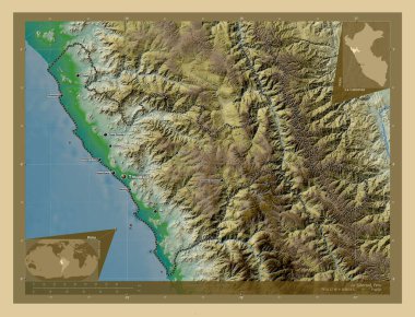 La Libertad, region of Peru. Colored elevation map with lakes and rivers. Locations and names of major cities of the region. Corner auxiliary location maps