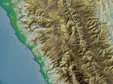 La Libertad, region of Peru. Colored elevation map with lakes and rivers