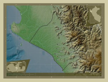Lambayeque, region of Peru. Elevation map colored in wiki style with lakes and rivers. Locations and names of major cities of the region. Corner auxiliary location maps
