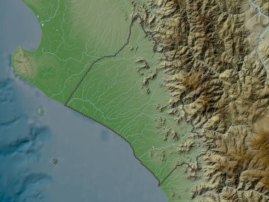 Lambayeque, region of Peru. Elevation map colored in wiki style with lakes and rivers