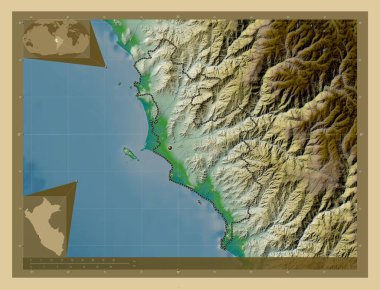 Lima Province, province of Peru. Colored elevation map with lakes and rivers. Corner auxiliary location maps
