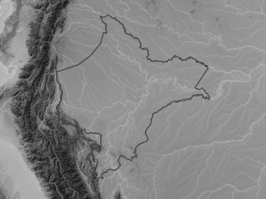 Loreto, region of Peru. Grayscale elevation map with lakes and rivers