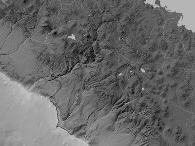 Moquegua, region of Peru. Grayscale elevation map with lakes and rivers