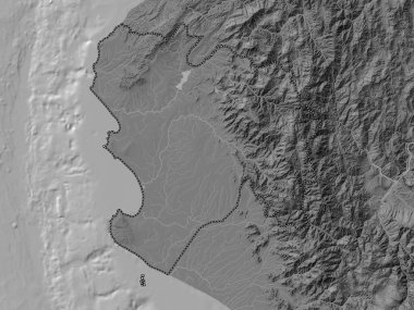 Piura, region of Peru. Bilevel elevation map with lakes and rivers