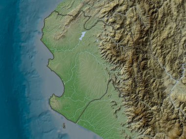 Piura, region of Peru. Elevation map colored in wiki style with lakes and rivers