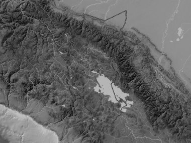 Puno, region of Peru. Grayscale elevation map with lakes and rivers