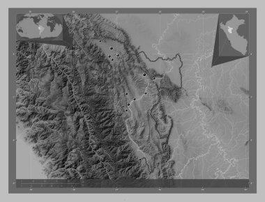 San Martin, region of Peru. Grayscale elevation map with lakes and rivers. Locations of major cities of the region. Corner auxiliary location maps