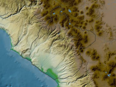 Tacna, region of Peru. Colored elevation map with lakes and rivers