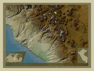 Tacna, region of Peru. Elevation map colored in wiki style with lakes and rivers. Locations of major cities of the region. Corner auxiliary location maps