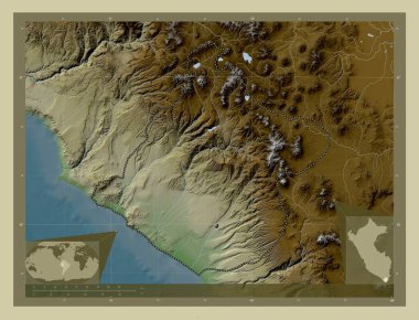 Tacna, region of Peru. Elevation map colored in wiki style with lakes and rivers. Corner auxiliary location maps