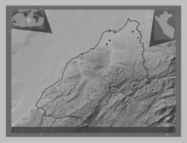 Tumbes, region of Peru. Grayscale elevation map with lakes and rivers. Locations of major cities of the region. Corner auxiliary location maps