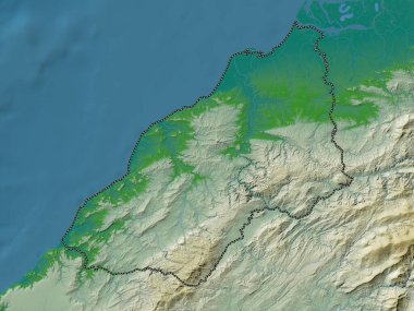 Tumbes, region of Peru. Colored elevation map with lakes and rivers