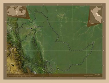 Ucayali, region of Peru. Low resolution satellite map. Locations and names of major cities of the region. Corner auxiliary location maps