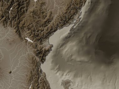 Aurora, province of Philippines. Elevation map colored in sepia tones with lakes and rivers