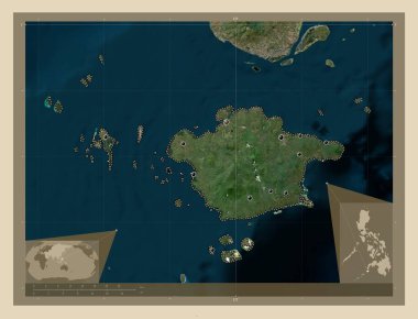 Basilan, province of Philippines. High resolution satellite map. Locations of major cities of the region. Corner auxiliary location maps