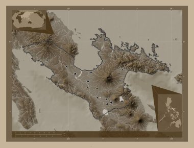 Camarines Sur, province of Philippines. Elevation map colored in sepia tones with lakes and rivers. Locations of major cities of the region. Corner auxiliary location maps clipart